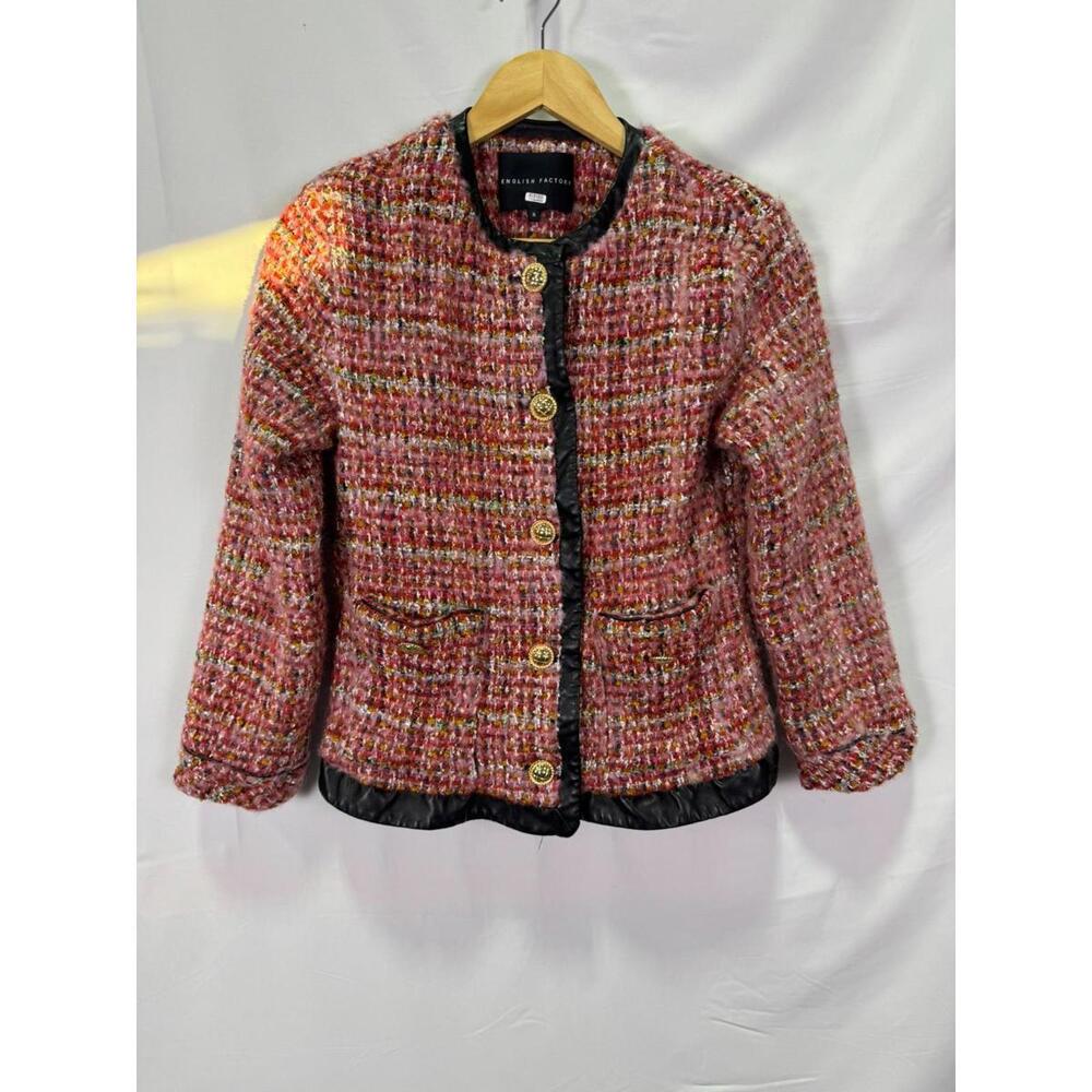 English Factory Multicolored Faux Leather Trim Tweed Jacket Sz S As Is Condition - Picture 4 of 7